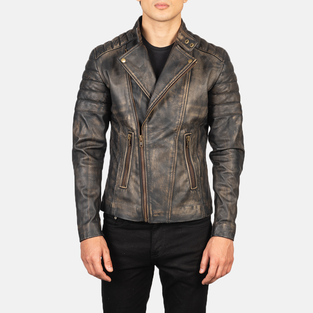 Mens Faisor Distressed Brown Leather Biker Jacket Open Front (2)-4-1634129312239